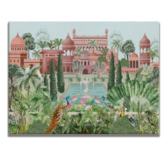 Mughal Garden and Palace Picture Artwork Abstract Canvas Framed Painting Indian Ethnic Traditional Wall Art Large Size For Living Room Bedroom Office Home Decoration