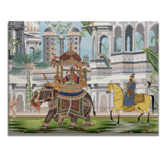 Mughal Queen Riding Elephant Artwork Abstract Canvas Framed Painting Indian Ethnic Traditional Wall Art Large Size For Living Room Bedroom Office Home Decoration