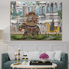 Mughal Queen Riding Elephant Artwork Abstract Canvas Framed Painting Indian Ethnic Traditional Wall Art Large Size For Living Room Bedroom Office Home Decoration