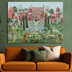 Mughal Garden and Palace Picture Artwork Abstract Canvas Framed Painting Indian Ethnic Traditional Wall Art Large Size For Living Room Bedroom Office Home Decoration