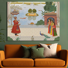 Mughal King Welcoming By Women Traditional Artwork Abstract Canvas Framed Painting Indian Ethnic Traditional Wall Art Large Size For Living Room Bedroom Office Home Decoration