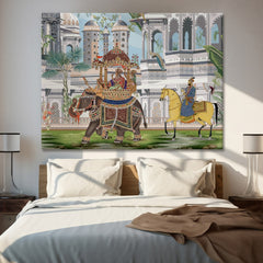 Mughal Queen Riding Elephant Artwork Abstract Canvas Framed Painting Indian Ethnic Traditional Wall Art Large Size For Living Room Bedroom Office Home Decoration