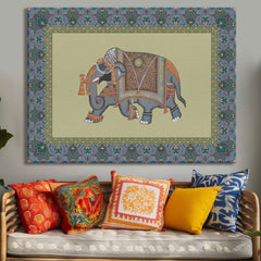 Mughal Elephat Madhubani Paintings Canvas Art Indian Ethnic Traditional Wall Art Large Size Perfect For Living Rooms, Bedrooms, and Office Spaces