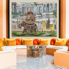 Mughal Queen Riding Elephant Artwork Abstract Canvas Framed Painting Indian Ethnic Traditional Wall Art Large Size For Living Room Bedroom Office Home Decoration