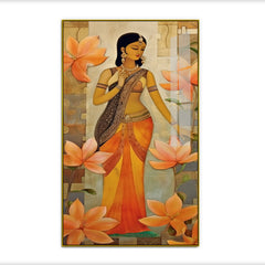 Traditional Indian Woman with Orange Lotus Acrylic Wall Paintings