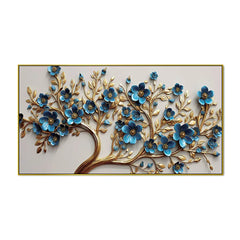 Elegant 3D Golden Tree Wall Art with Blue Floral Accents – Modern Home Décor Panel