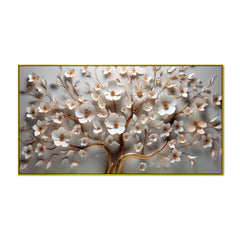 3D White Blossom Tree Wall Art – Elegant Gold Accented Floral Canvas for Modern Home Décor