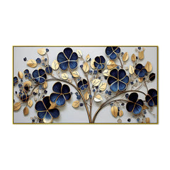 Elegant 3D Golden Floral Wall Art – Deep Blue Blossoms and Metallic Leaves for Modern Home Décor