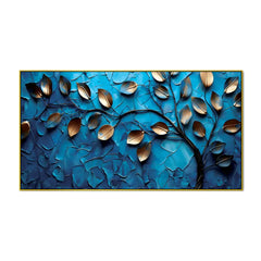 Luxurious 3D Golden Leaf Wall Art – Metallic Leaves on Textured Blue Background for Contemporary Decor
