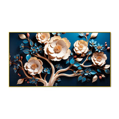 Luxury Floral Wall Art – 3D Gold and Blue Blossom Tree on Deep Blue Canvas