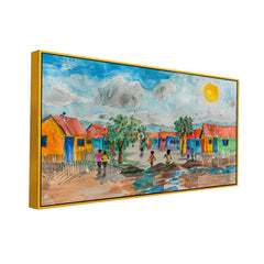 Colorful Village Scenery with sun rising canvas printed Wall Painting