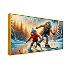 Ice Skates and Skis: Winter Fun, Father & Child on Frozen Lake Canvas Print Wall Painting