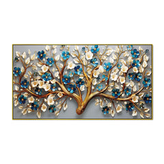 Luxury 3D Blooming Tree Wall Art – Gold Trunk with Blue and White Flowers on Grey Canvas