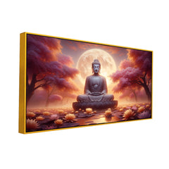Meditating Gautam Buddha  with Moonlight Garden Canvas Print Wall Painting
