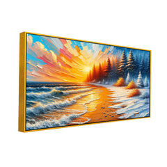 Abstract Golden Sunset Beach with Snowy Forest Canvas Print wall painting