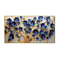 Stunning 3D Golden Tree Wall Art – Deep Blue Blossoms with Gold Accents on Light Canvas
