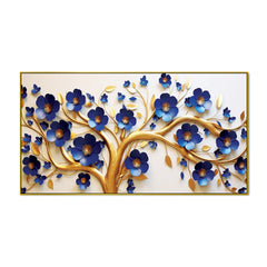 Elegant 3D Golden Tree Wall Art – Bold Blue Blossoms with Flowing Gold Branches