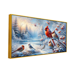 Crimson Birds on Frosted Branches Canvas Print Wall Painting