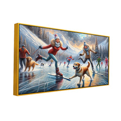 Frozen Lake Adventures: Couple and Dogs in a Winter Wonderland Lake Canvas Print Wall Painting
