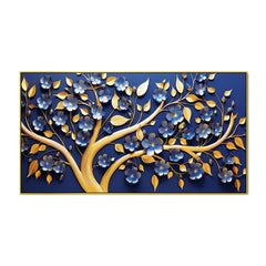 Luxury 3D Golden Tree Wall Art – Blue Floral Blossoms with Golden Leaves on Deep Navy Background
