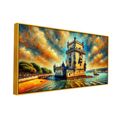 Historic Belém Tower by the Water with Dramatic Sky Canvas Print Wall Painting