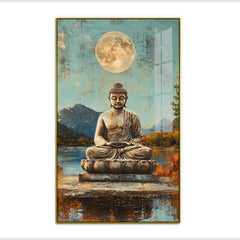 Buddha Statue with Moon and Mountain Landscape Acrylic Wall Paintings