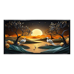 Golden Moonrise & Twin Cranes: High-Contrast Oriental Landscape – Premium Wall Decor
