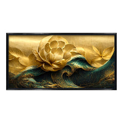 Premium Modern Golden Flower and Waves Canvas Wall Painting for Wall Decors