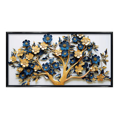 Premium Golden and Blue Floral Tree Canvas Painting - 3D Style Wall Art  for Living Room