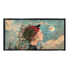 Premium Dreamy Woman Portrait Canvas Art | Full Moon and Birds Wall Decor