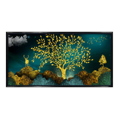 Premium Luxury Gilded Golden Tree and Stag Abstract Wall Art | Dark Teal Textured Landscape Canvas