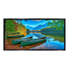 Peaceful Mountain Lake Landscape Wall Painting - Vibrant Teal Canoes & Autumn Forest Scenery
