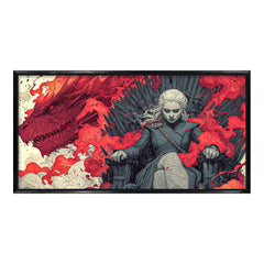 Dragon Queen on Iron Throne Fantasy Canvas Art | Dramatic Red Dragon Fire Pop Culture Print