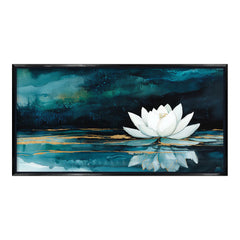 Premium White Lotus Flower Canvas Art | Deep Teal and Gold Abstract Painting