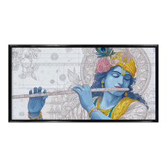 Lord Krishna Flute Player Canvas Art | Detailed Line Art Blue Bansuri Spiritual Print