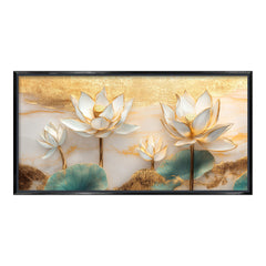 Premium 3D White Lotus Flower Wall Art | Gold Accented Floral Canvas Print