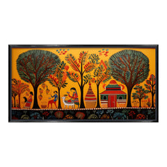 Premium Madhubani Village Life Wall Art | Traditional Mithila Folk Canvas Print for Home Decor