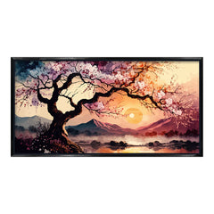 Premium Cherry Blossom Tree Sunset Canvas Art | Tranquil Asian Landscape Painting