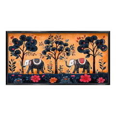 Premium Mithila Abstract Elephant & Floral Tree Canvas Print | Traditional Madhubani Style Wall Art