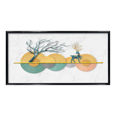 Premium Modern Geometric Deer and Tree Canvas Art | Abstract Textured Discs Gold Marble Background Print