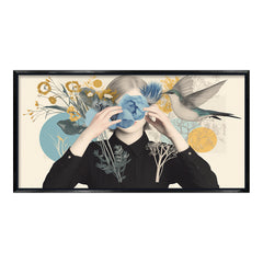 Premium Surreal Woman and Flower Canvas Art | Hummingbird and Botanical Collage Print