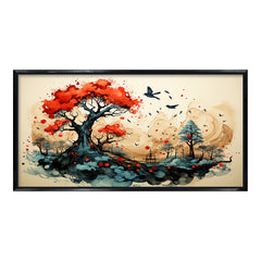Premium Asian Ink Wash Style Art | Vibrant Red Tree and Black Frame Canvas