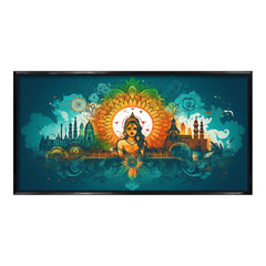 Premium Ornate Indian Goddess and Mandala Skyline Canvas | Vibrant Teal and Orange Cultural Art Print