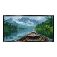 Premium Wooden Boat in Misty Mountain Lake Canvas Painting - Nature Wall Art for Living Room