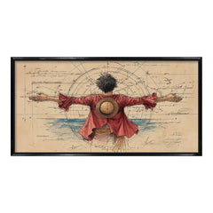 Straw Hat Pirate Epic Pose Wall Art | Vintage Chart Nautical Anime Illustration| Pirate Figure on Compass Chart Background