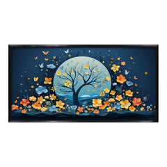 Premium Night Flower Tree Canvas Art | Blue and Orange Floral Moon Print