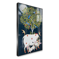 Kamdhenu Cow and Calf Acrylic Glass Painting