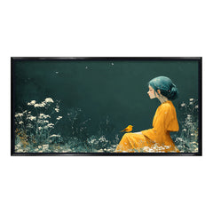 Premium Ethereal Girl and Bird Canvas Art | Dark Green Floral Portrait Painting