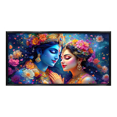 Celestial Radha Krishna: Cosmic Love & Floral Galaxy Art – Modern Spiritual Wall Decor