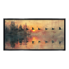 Premium Geese Flying at Sunset Canvas Art | Tranquil Lake Reflection Painting